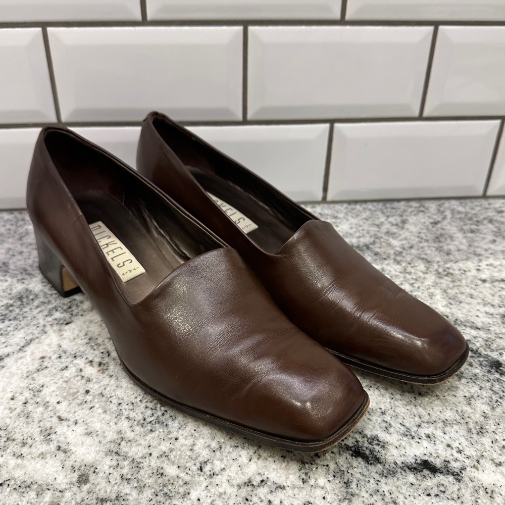 Nickels Women 10M Pumps Brown Leather Square Toe Block Heel Italy Vintage
